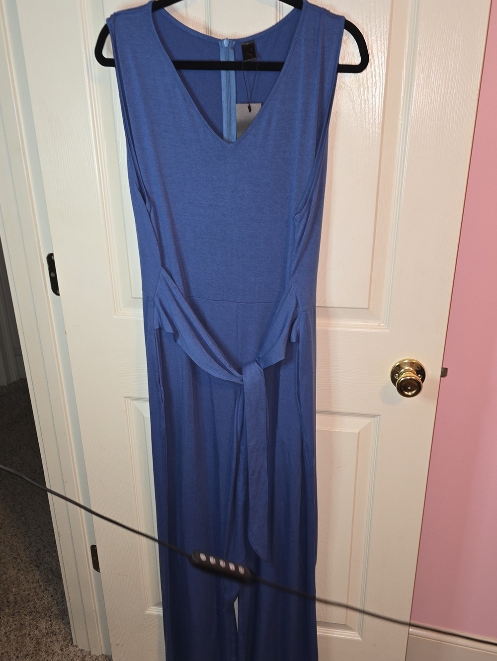 Sleeveless V-Neck Blue Belted Jumpsuit